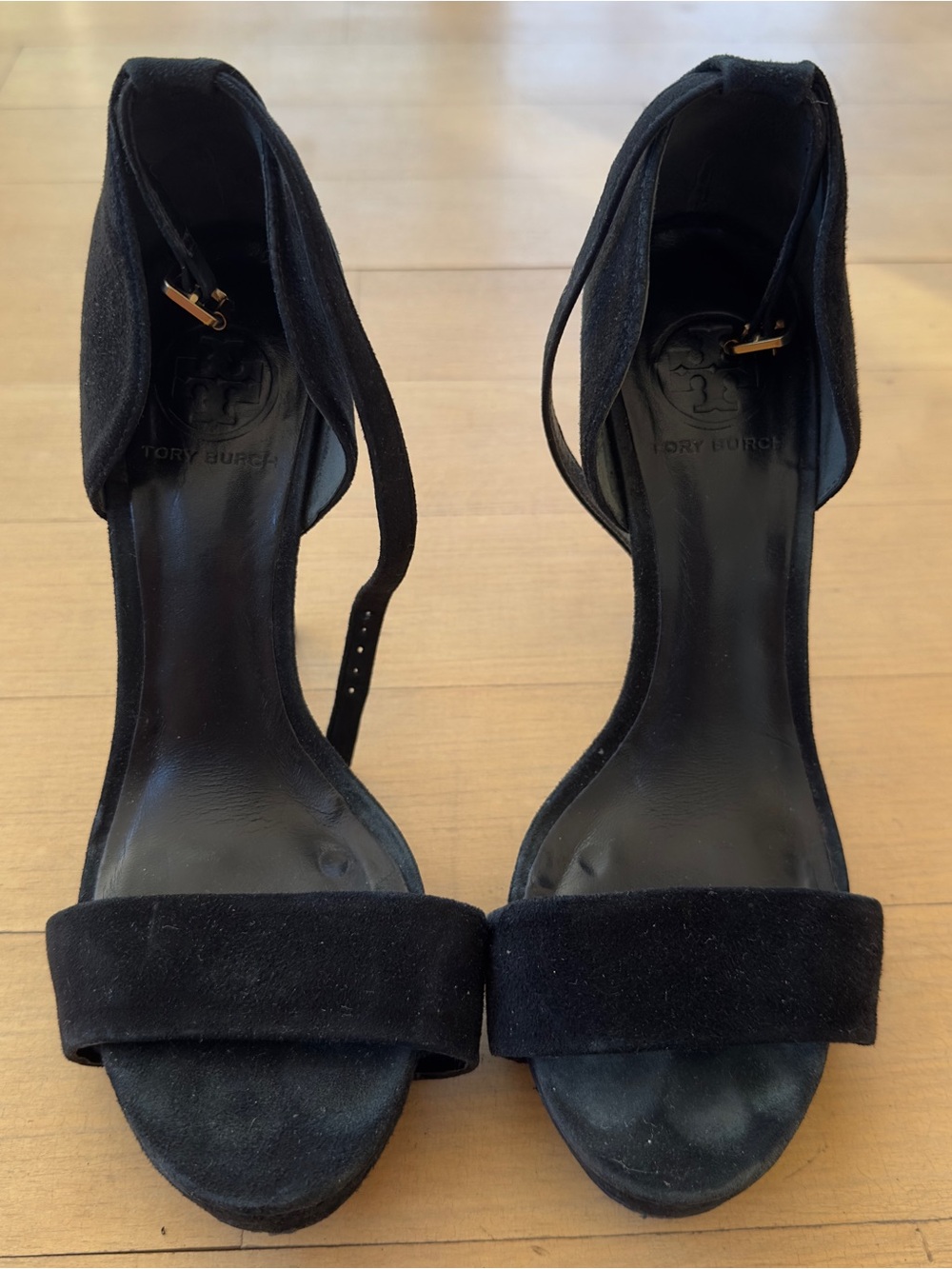 Tory Burch Black Suede Open-Toe Ankle Strap Heels
